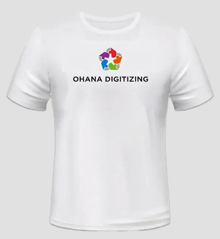 Ohana Digitizing logo embroidered on a t shirt